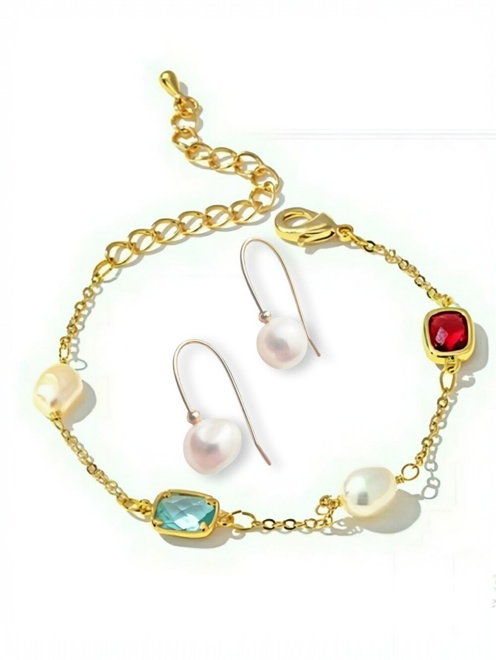 Bracelet & Earrings Set 14k Gold Plated Copper With Zirconias And Pearls NWOT